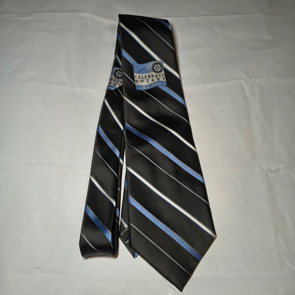 Russell-Hampton Celebrate Rotary 100 Years Tie Mens Black Blue Striped Logo